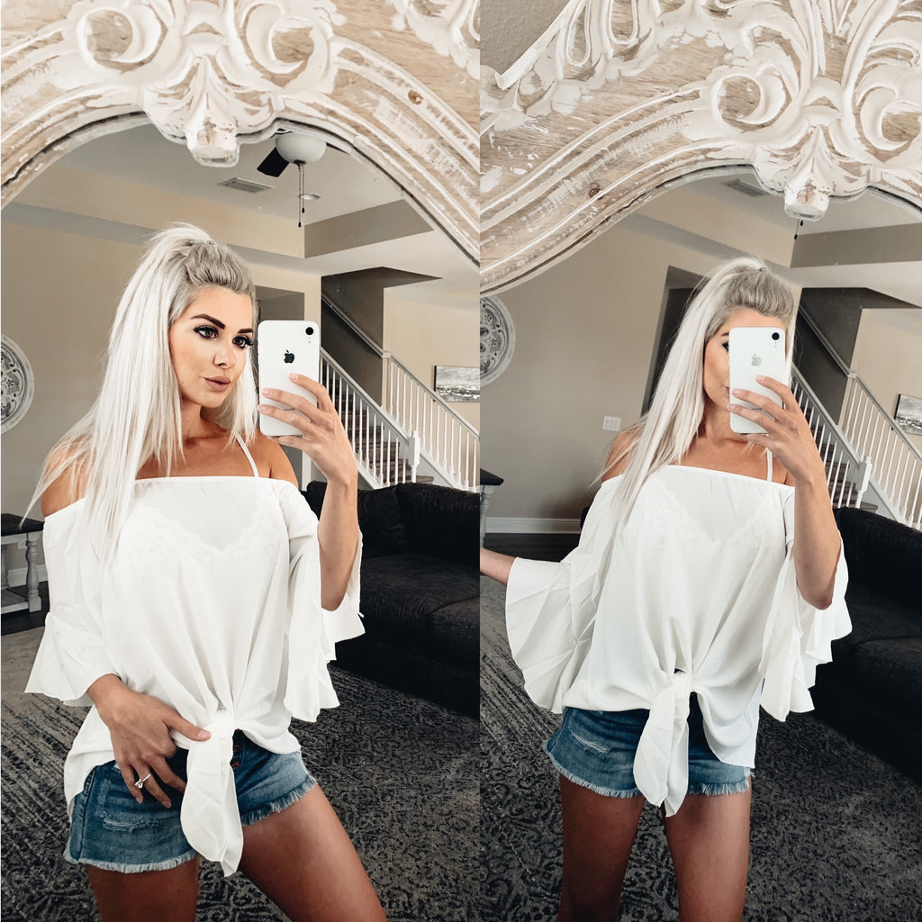 White off the shoulder knot front top