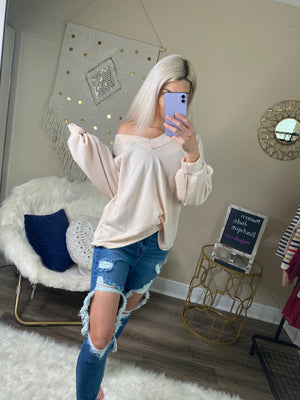 Cream Waffle Knit V Neck